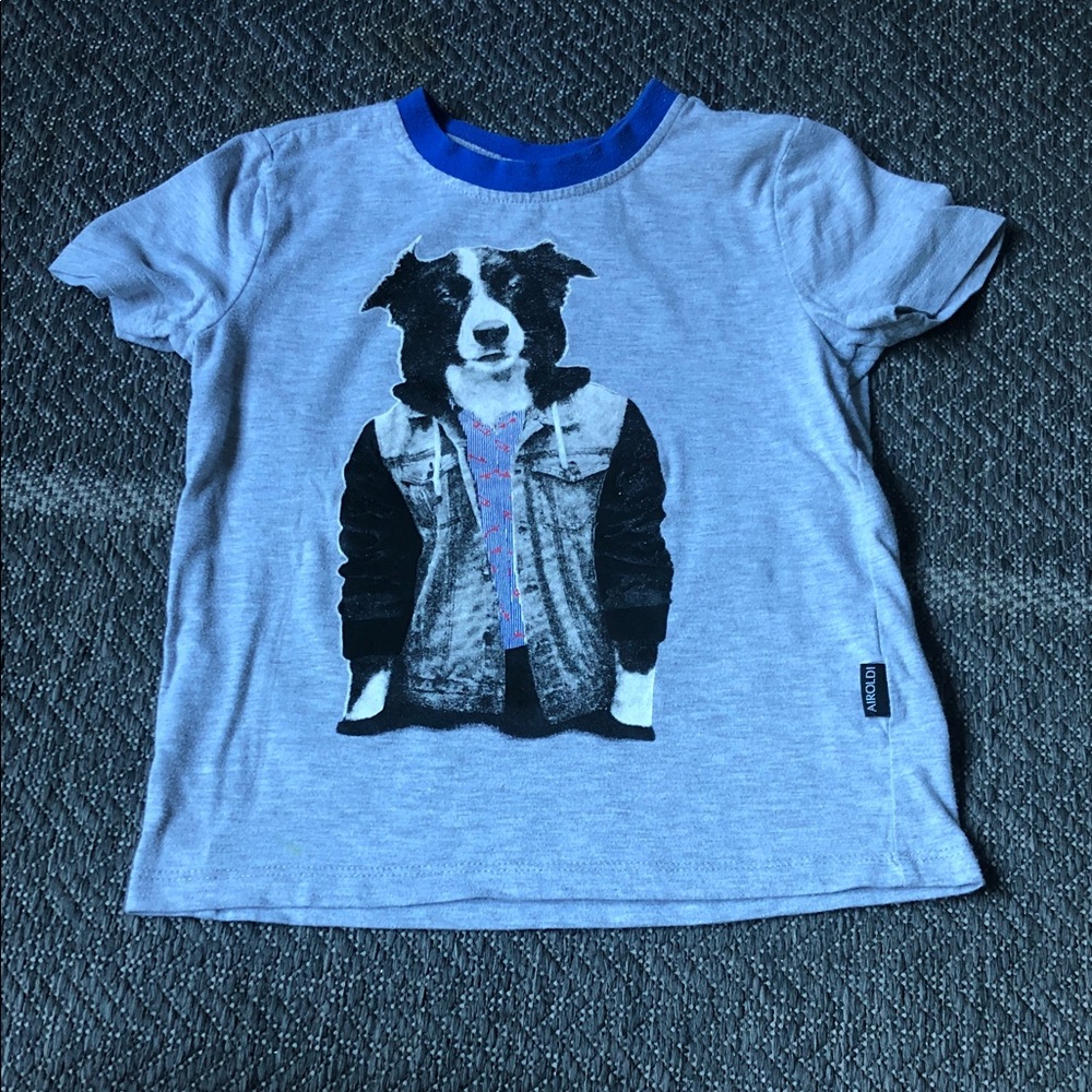 Boys' Light Gray Dog Graphic Tee with Blue Trim